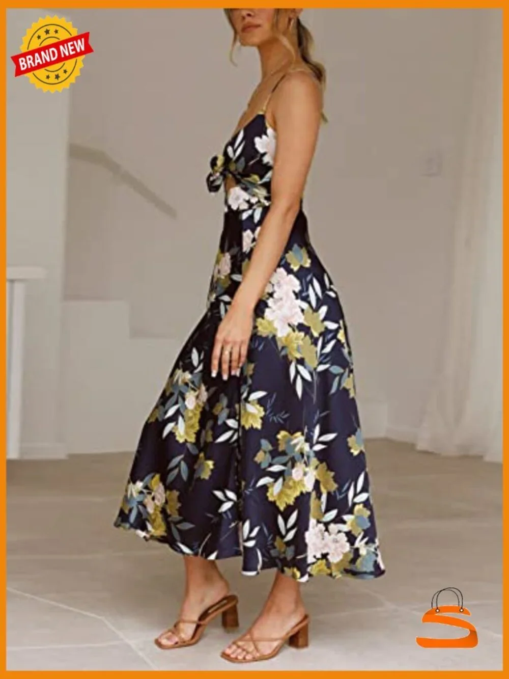 Satin Spaghetti Strap Midi Dress Tie Front Backless Slit